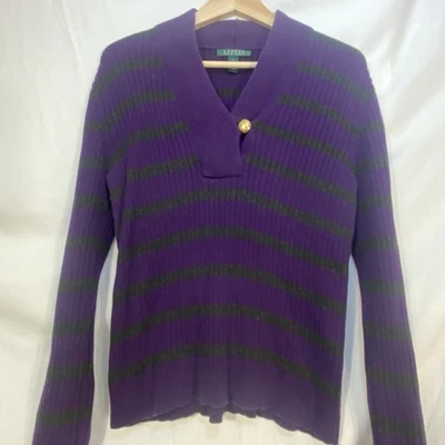Suéter Acanalado Lauren Ralph Lauren Púrpura Carbón Rayas Algodón Botón Dorado E5 Foto 1 de 4