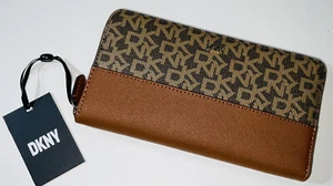 DKNY Vela Wallet Large Zip Around Logo Pattern Wallet Brown Mocha & Gold Zip - Picture 1 of 4