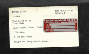 Troy Motor Sales 1946 placa grabada... archivo Angell MFG - Imagen 1 de 2