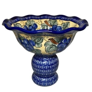 Blaue Rose polnische Keramik Trauben Obstschale Standfuß Kobaltrand Steinzeug Schale - Bild 1 von 15