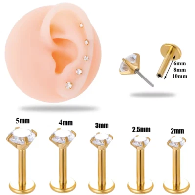 Stud Earring Piercing Zircon Gem Flat Back Push In Tragus Helix Cartilage Labret - Image 1 of 4