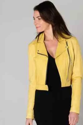 Elegante chaqueta de cuero amarilla para mujer piel de cordero real hecha a mano motociclista motocicleta Foto 1 de 4