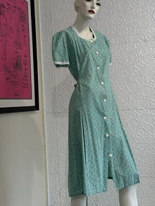Cotton 1930s Daydress-aqua Blue Floral-minidress-handmade-antique-Puff Sleeve-XS - Picture 1 of 23