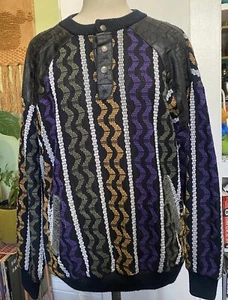 MAGLIONE VINTAGE TRUTUS PANNELLO PELLE MOTIVO GEOMETRICO STILE COOGI MED - Foto 1 di 5
