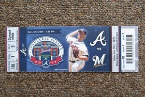 ATLANTA BRAVES VS MILWAUKEE BREWERS 6/25/2017 FULL TICKET ~ SHAW/BROXTON HRs - Picture 1 of 1