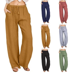 Women Cotton Linen Trousers Ladies Summer Casual Elastic Waist Bottoms Pants US - Picture 1 of 32
