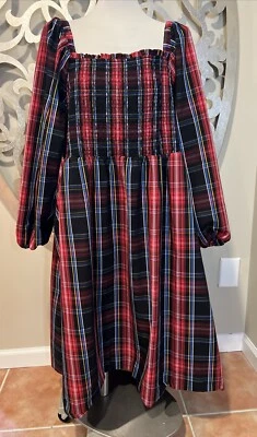 Draper James RSVP Dress Womens 2X Red Black Plaid Smocked Christmas Holidays - Image 1 of 4