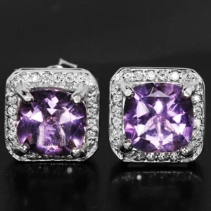 PLATA ESTERLINA 925 NATURAL AAA PÚRPURA AMATISTA COJÍN Y PENDIENTE BLANCO CIRCONITA CÚBICA - Imagen 1 de 6
