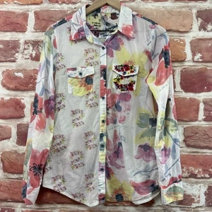 Desigual La Vida Chula Shirt Womens L Floral Button Up Embroidered Pocket Top - Imagen 1 de 11