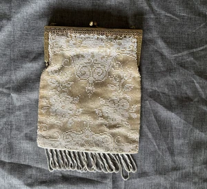 Victorian Beaded Original Purse Micro Beads Antique Deco Cream Floral Metal - Picture 1 of 11