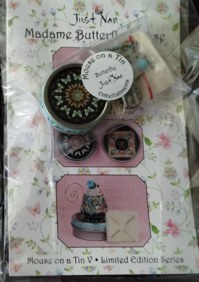 JUST NAN MADAME BUTTERFLY MOUSE ON TIN SET CROSS STITCH CHART, TIN & EMB. - Image 1 of 3