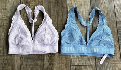 Lote De 2 Bralettes Victoria’s Secret Rosa Encaje Halter T-back X Pequeño Azul Púrpura Foto 1 de 4