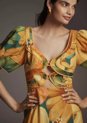 💕$248 VESTIDO FARM RIO ANTHROPOLOGIE MEZCLA LINO ESTAMPADO HIBISCO TALLA GRANDE Foto 1 de 4