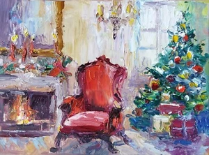 Heiligabend Original Ölgemälde Weihnachtsbaum Kunstwerk Interieur Kunst - Bild 1 von 8