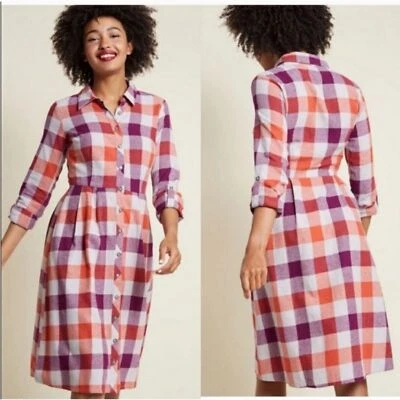 Modcloth Women's Flannel Jam Midi Dress with Pockets Size 24 Purple/Orange Plaid - Image 1 of 4