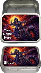 Personalised Skeleton Motorbike Rider (D) Tobacco Tin Baccy 2oz Tin with seal - Picture 1 of 1