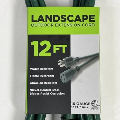 Outdoor Extension Cord 12 Feet Lawn and Garden Green 3-Prong 16/3 SJTW Landscape - Image 1 of 4