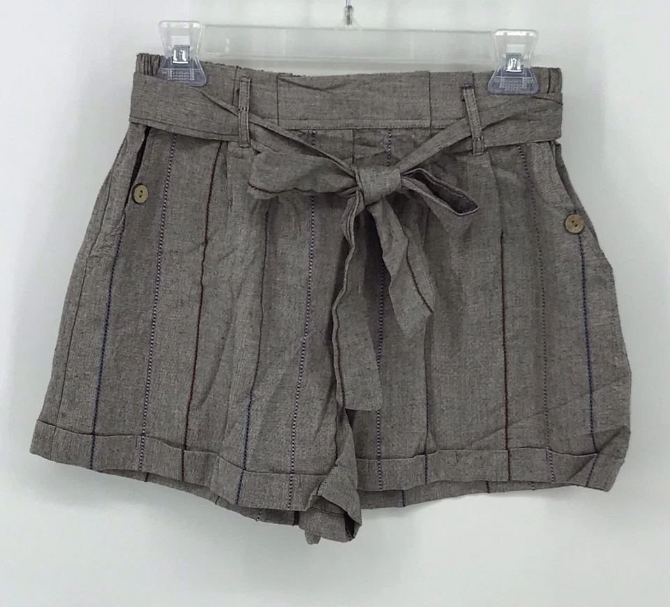 Pantalones Cortos Angie Rayas Corbata Cintura 100% Algodón Gris con Azul Marino Borgoña Rayas Pequeños Foto 1 de 4