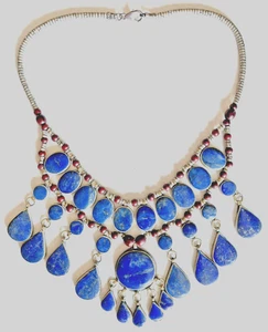 Vintage Sterling Silver 925 Kuchi Style Inlay Lapis Lazuli Bib Necklace 99.32g - Picture 1 of 3