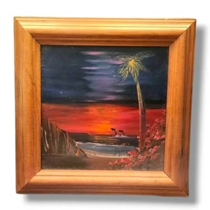 Hawaiian Dolphins Sunset Tile Art Signed 11” Framed Ocean Palm Scene - Picture 1 of 12