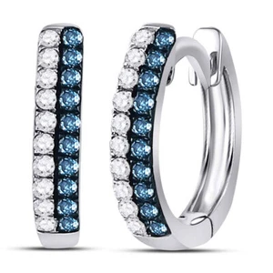 Blue & White Diamond Hoop Earrings 10K White Gold Round Huggie Hoops 1/5Cttw - Picture 1 of 2