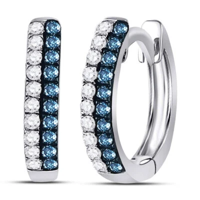 Blue & White Diamond Hoop Earrings 10K White Gold Round Huggie Hoops 1/5Cttw - Image 1 of 2