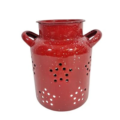 红色珐琅器金属蜡烛上装牛奶罐双手柄带斑点农舍 — 第 1/4 张图片