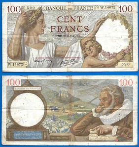 Frankreich 100 Francs 1940 22 August Sully Banknote Kostenloser Versand Weltweit - Bild 1 von 3