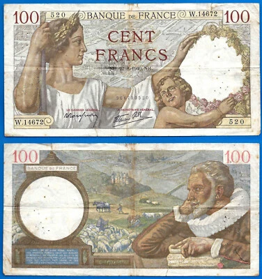 France 100 Francs 1940 22 August Sully Banknote Free Shipping Worldwide - Image 1 of 3