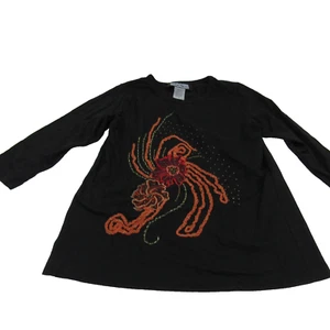Indigo Moon Womens Top Black Embroidery Flower Sparkle Artsy Casual Large - Picture 1 of 9