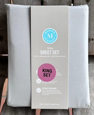 Martha Stewart  100% Percale Cotton Light Gray King Sheet Set - soft grey - Image 1 of 3
