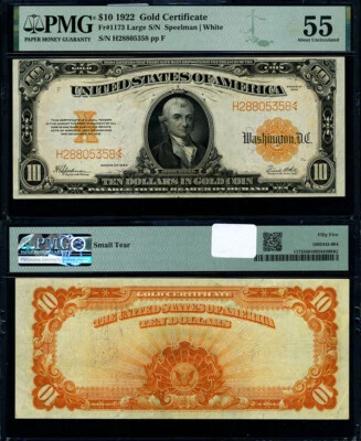 FR. 1173 $10 1922 Gold Certificate Large Serial # PMG AU55 - Image 1 of 3