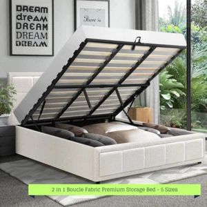 Teddy Milo Boucle Fabric Deluxe Gas Lift Storage Bed Frame | Embossed Fabric Bed - Picture 1 of 12