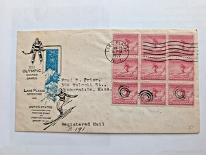 1932 Lake Placid Winter Olympics FDC Registered Mail Block of 9 Scott #716 - Picture 1 of 2