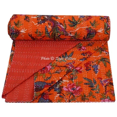 Colcha India Naranja Pájaro Algodón Queen Ropa de Cama Cubierta Manta Tiro - Imagen 1 de 4