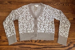 JESSICA SIMPSON TAN BEIGE/CREAM ANIMAL PRINT  Button Up CROP Sweater CARDIGAN XS - Picture 1 of 7