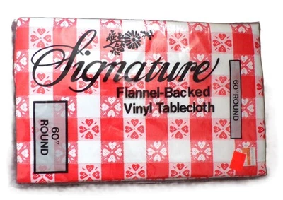 Tablecloth, 60" diameter round red and white checked flannel back vinyl - Image 1 of 2