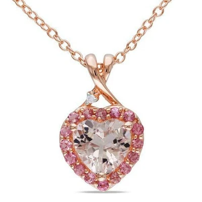 Colgante con halo de diamantes y zafiros morganita natural de 2 quilates de oro rosa macizo de 14 k SIN CADENA Foto 1 de 4