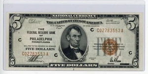 1929 $5 FEDERAL RESERVE BANK OF PHILADELPHIA, PA BROWN SEAL AU - Picture 1 of 2