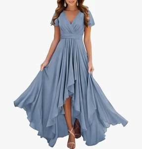 Abito da sposa damigella scollo a V chiffon manica svasata abito formale taglia 14 blu - Foto 1 di 4