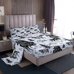 Bear Bed Sheets for Rustic Cabin,Grey Deer Moose Wolf Mountain Sheet Set Quee... - Picture 1 of 6