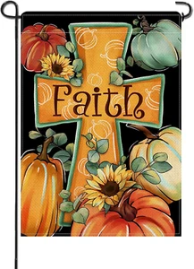Fall Religious Christian Cross Small Decorative Garden Flag, Autumn Faith Pumpki - Picture 1 of 7