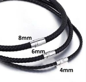 4mm-8mm Black Braided Cord Leather Magnetic Stainless Steel Necklace 14-24'' J30 - Picture 1 of 10