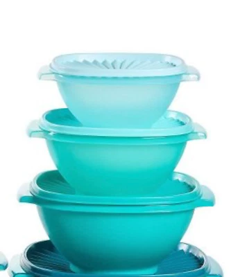 Tupperware Servalier Bowls Set of 3 Aqua Blue & Teal Green Shades New - Image 1 of 3