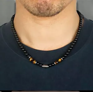 6mm Black Beaded Stone Necklace Tigers Eyes - Picture 1 of 1