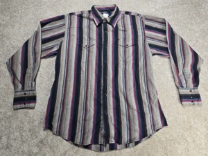 VTG Wrangler Black Blue Red Tan Striped Brushpopper Long Pearl Snap Shirt Large - Picture 1 of 11