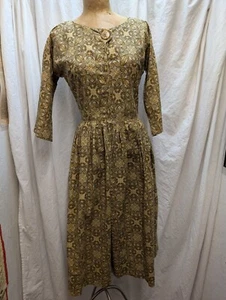 Vintage 1950's Olive Green Brown Gray Cotton Day Dress Size Small - Picture 1 of 7
