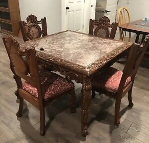 Vintage Marble Top Wooden Dining Table and Chairs With Exquisite Detail Cover