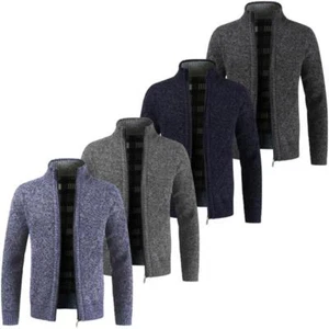 New Mens Zip Up Thick Winter Fleece Lined Knitted Cardigan Jumper Warm Cardigan - Picture 1 of 12
