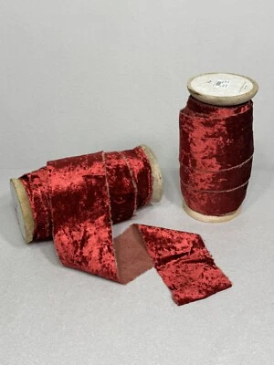 Anthropologie Frayed Velvet 2.5 Inch Red Ribbon Wooden Spools 54ft 24in READ - Image 1 of 4